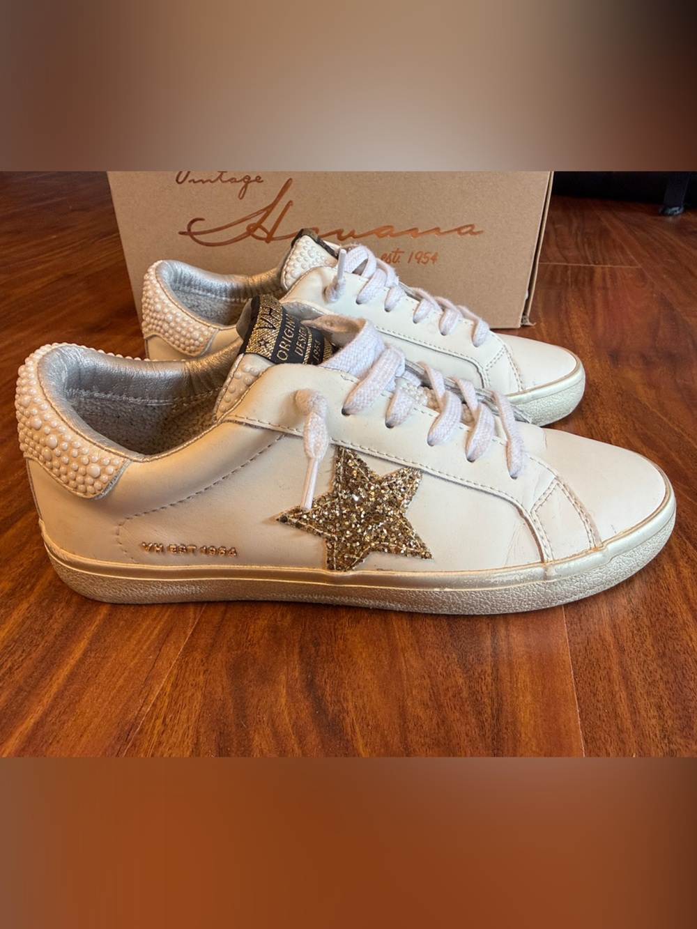 Vintage Havana White Leather Sneakers with Gold Glitter Star & Pearls, Size 8